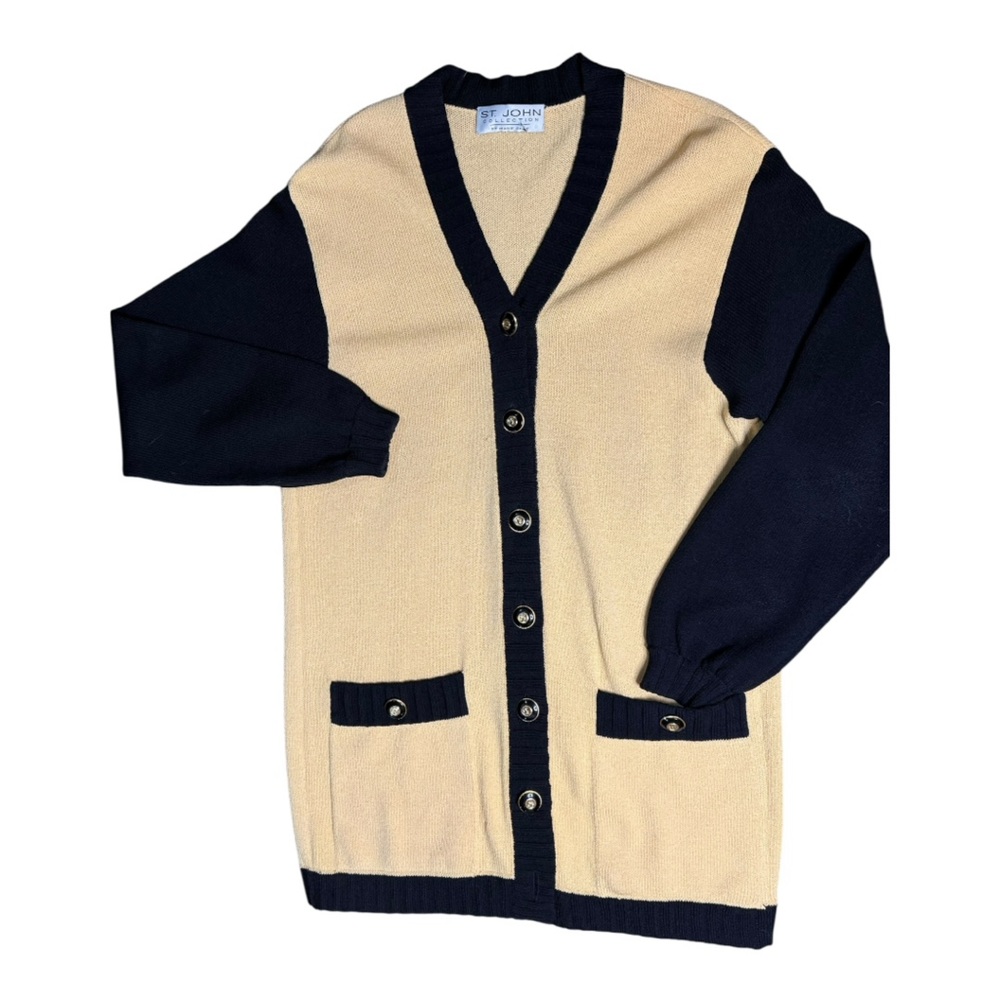St. John Collection Cream and Black V-Neck Button Front Cardigan
